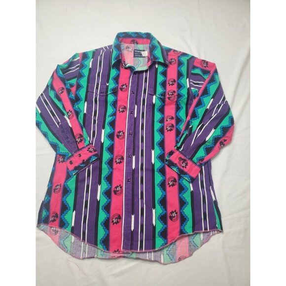 Wrangler Brushpopper Shirt Sz Xlong Tails 16.5-36 Striped Native American Aztec - Picture 1 of 16